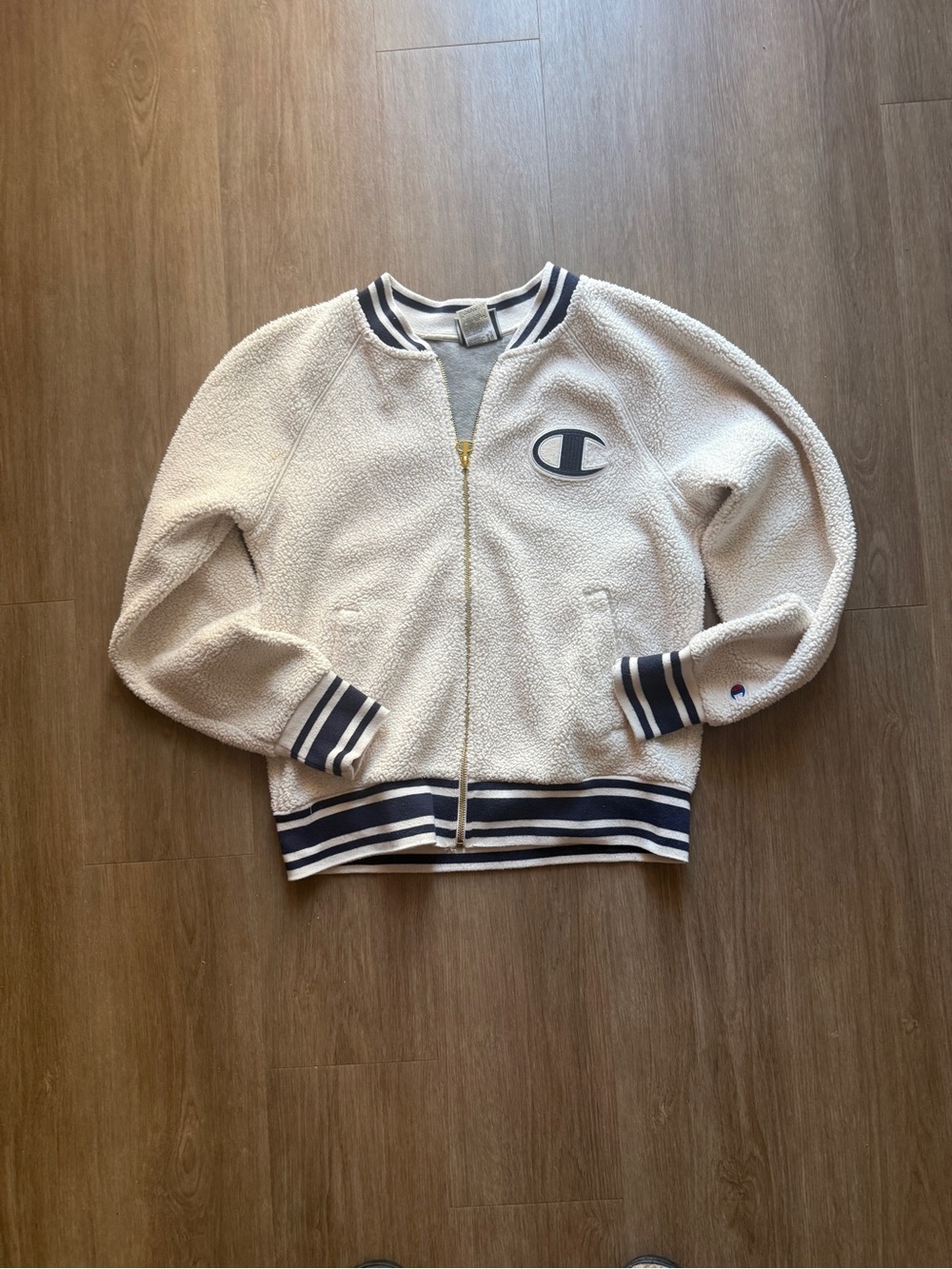 Champion Cream Sherpa Bomber Jacket with Navy Trim